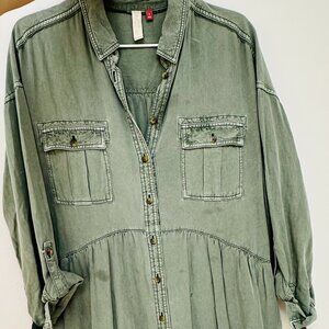 Anthropologie Pilcro Deanne Green Tiered Long Sleeve Mini Shirtdress